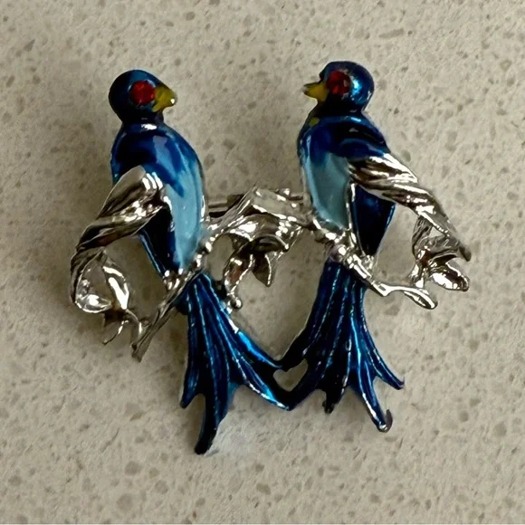 Vintage Blue Lovebirds Brooch Pin Silver Tone Enamel - Picture 3 of 7